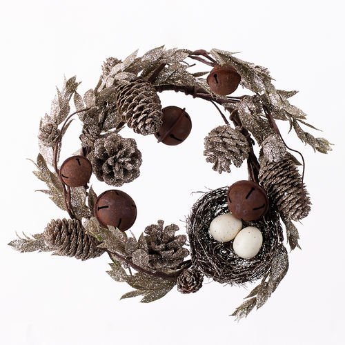 Small Silver Glitter Pine Cone Christmas Wreath with Bird’s Nest and Sleigh Bells by 180 Degrees