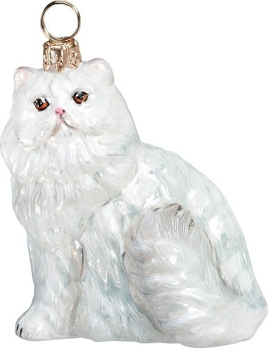 White Persian Kitty Cat Polish Blown Glass Christmas Ornament Decoration