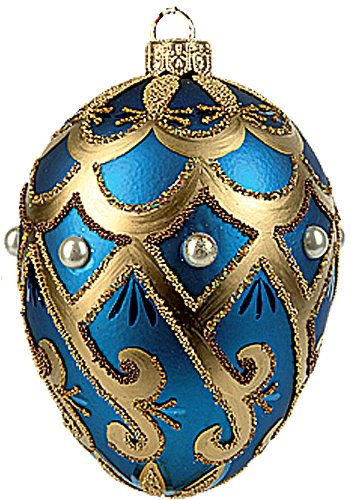 Faberge Inspired Blue Pearl Egg Polish Blown Glass Christmas or Easter Ornament
