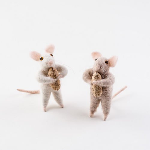 4″ Wool MOUSE with Peanut White & Tan Set of 2