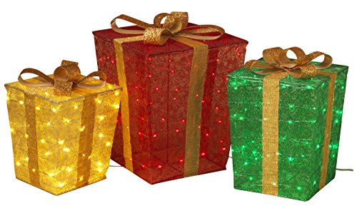 Set of 3 Large Lighted Glittered Tinsel Holiday Gift Boxes – Indoor/Outdoor Christmas Decoration