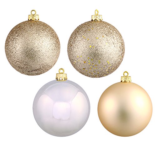 Vickerman 4-Finish Assorted Plastic Ornament Set & Seamless Shatterproof Christmas Ball Ornaments with Drilled Cap, Assorted 4 per Bag, 6″, Champagne