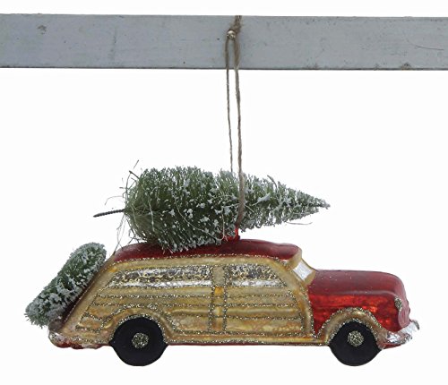Classic Woodie Wagon with Christmas Tree Retro Glass Ornament – Red