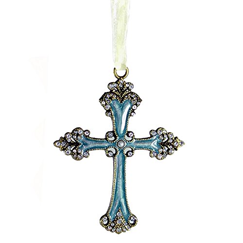 Embellished Pewter Cross Ornament in Blue with Gemstones and Ribbon Loop