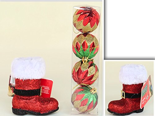 Gloss & Glitter Colorful Fun & Exciting Christmas Ornament Bundle 6 Pieces: 2 Adorable Santa’s Boots with White Fur & 4 Colorful Round Ornaments with Stings
