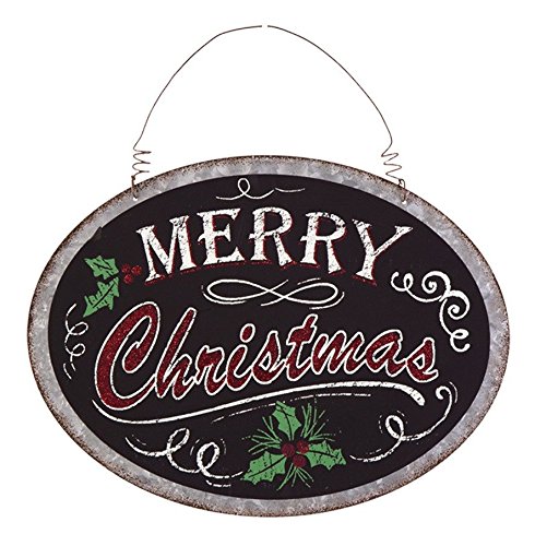 Festive Holiday Galvanized Metal Oval Chalkboard Hanging Sign with Glitter Accents (Merry Christmas)