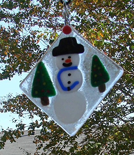 Snowman with Two Trees Handmade Fused Glass Christmas Ornament