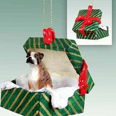 Boxer Green Gift Box Dog Ornament – Uncropped Ears – Brindle