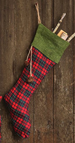 20″L Plaid Stocking with Green Cuff and Pinecone Poms