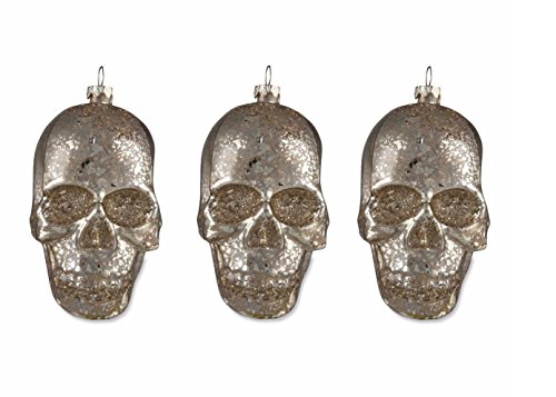 Bethany Lowe (3) Halloween Mercury Glass Silver Skull Ornaments, 4″ x 2″