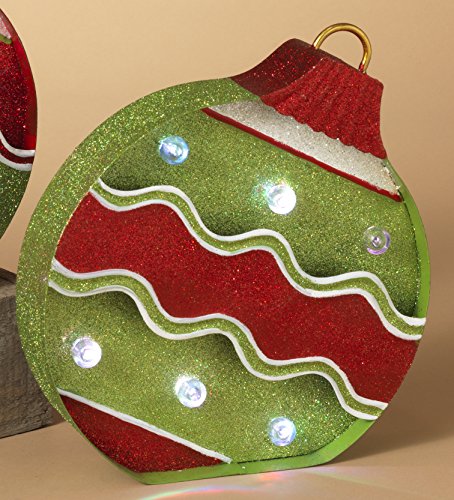 Light-Up Glittered Metal Christmas Ornament Standing Tabletop Decoration (Green with Red Stripe)