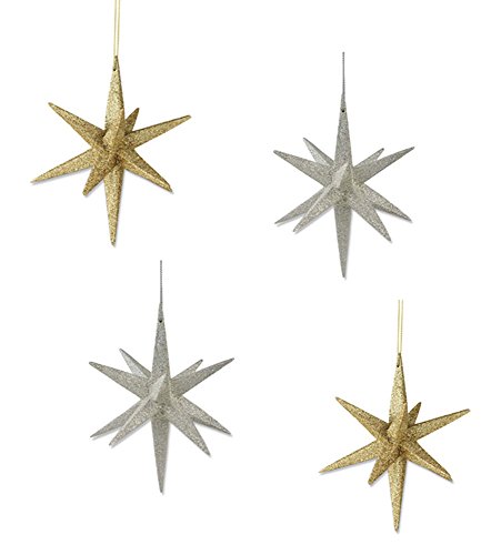 BETHANY LOWE Gold and Platinum Glitter Moravian Star Ornaments (Set/4)