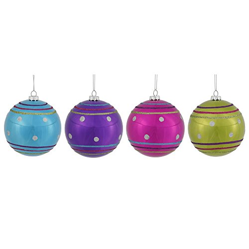 Vickerman Shatterproof Candy Finish Glitter Accented Colorful Christmas Ball Ornaments, Lime, Purple, Cerise, and Turquoise, Assorted 4 Per Box, 4″