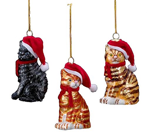 Kurt Adler Noble Gems Glass 3 Assorted Cats with Santa Hats Ornaments