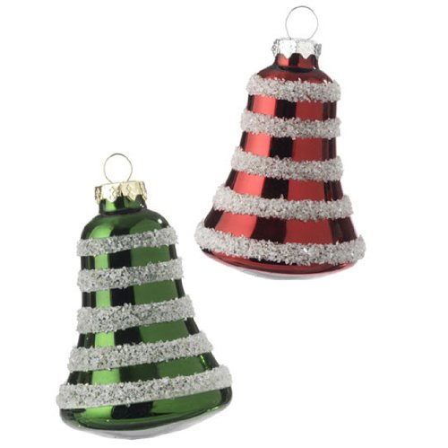 RAZ Imports – Red and Green Flocked Glass Bells 3″ Christmas Tree Ornaments – Set of 2