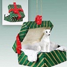 Whippet White Gift Box Green Ornament