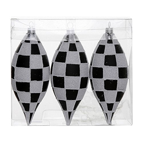 Vickerman N142277 Checkered Drop Ornament with White Glitter in 3/Clear Pvc Box, 4.7″, Black Matte