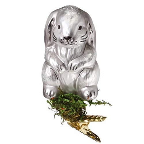 Silvery White Bunny Nestled in Grass Christmas Ornament Inge-Glas of Germany