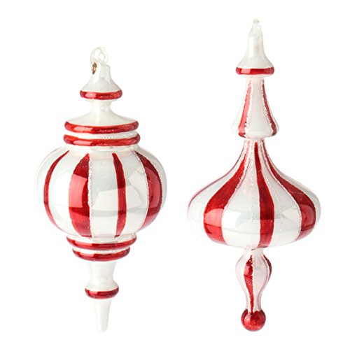 RAZ Imports – 8″ Red and White Striped Glass Finial Ornaments – Set of 2
