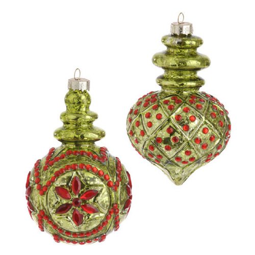 RAZ Imports – Lime Green Mercury Glass Red Beaded Ornaments