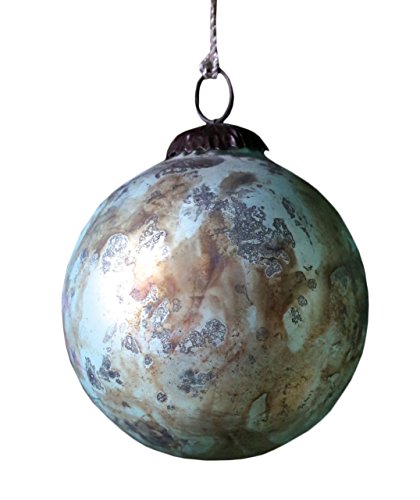 Creative Co-op Glass Christmas Ornament Ball with Marble Design in Turquoise Blue and Brown (Medium – 4 inches)
