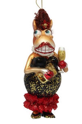 December Diamonds Blown Glass Ornament – Mrs Donkey in Black and Red Dress