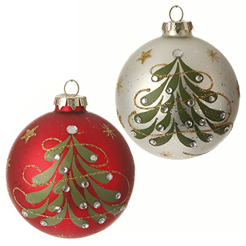 RAZ Imports – Sageberry Theme – 4″ Glittered Gem Christmas Tree Ball Ornament in Red & Green (Set of 2)