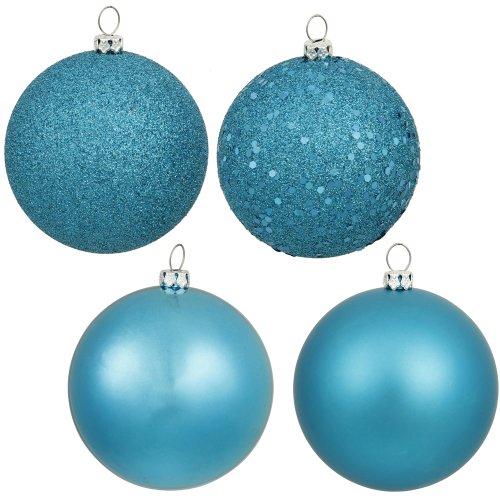 Vickerman 4-Finish Assorted Plastic Ornament Set & Seamless Shatterproof Christmas Ball Ornaments with Drilled Cap, Assorted 4 per Bag, 12″, Turquoise