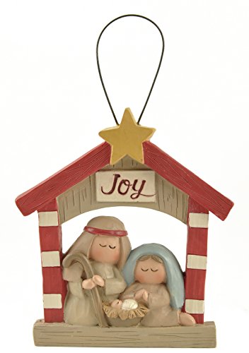 Joy Striped Manger Holy Family 3 x 3 Resin Stone Christmas Nativity Ornament