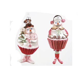 Glass Snowman Girl Pink Cupcake Christmas Ornament