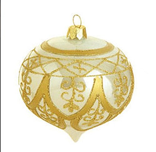 4″ Pearl Ivory and Gold Glittery Glass Onion Christmas Ornament