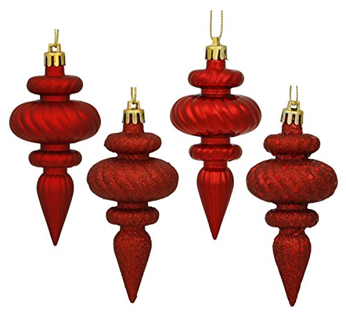 8ct Red Hot 4-Finish Regal Shatterproof Finial Christmas Ornaments 4″