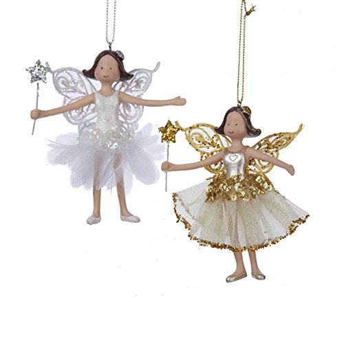 Kurt Adler 4″ Gold and White Glitter Fairy Ornaments