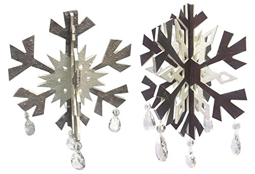 Set of Two Wooden 3D Snowflake Ornaments w/ Glitter & Crystal Teardrops
