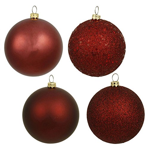 Vickerman Shatterproof Assorted Ball Ornaments Featuring Shiny, Matte, Sequin, and Glitter Finishes, 32 per Box, 3″, Burgundy