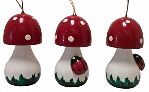 Red Mushroom with Ladybug German Wood Christmas Ornament Set Made in Germany