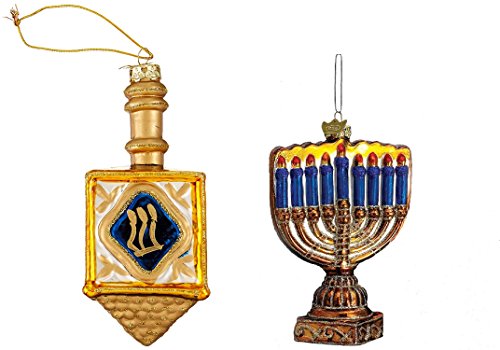 Kurt Adler Noble Gems Glass Menorah And Dreidel Ornaments (set of 2)