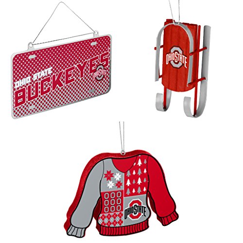 NCAA Ohio State Buckeyes Metal License Plate Christmas Ornament Sled Foam Ugly Sweater Bundle 3 Pack By Forever Collectibles