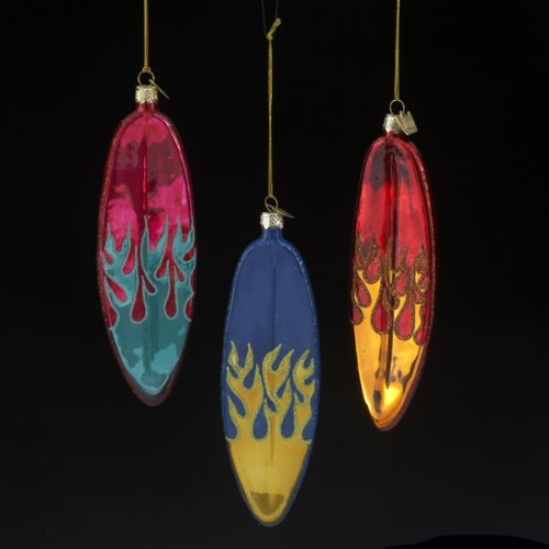 Kurt Adler Noble Gems Glass Surfboard With Fire Flame Design Ornament Set Of 3