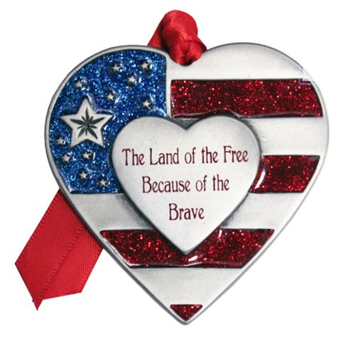 NEW! Patriotic Pewter Heart Flag Land of the Free, Home of the Brave Christmas Ornament by Gloria Duchin
