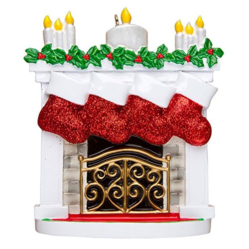 New Mantle with Stocking Family of 4 Personalized Christmas Tree Ornament
