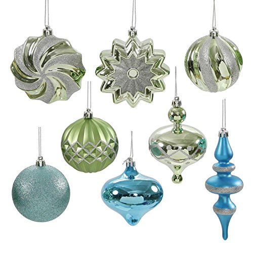 Set of 18 Peacock Blue & Lime Green Ball, Finial and Onion Shatterproof Christmas Ornaments 3″- 6″
