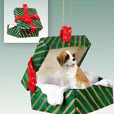 Saint Bernard Green Gift Box Dog Ornament