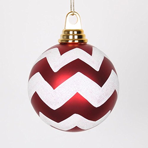 Vickerman 395400 – 4″ White-Red Plastic Matte-Glitter Chevron Ball Christmas Tree Ornament (4 pack) (M143373)