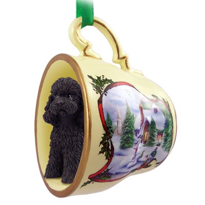 Black Poodle Dogs in Holiday Scene Teacup Christmas Ornament