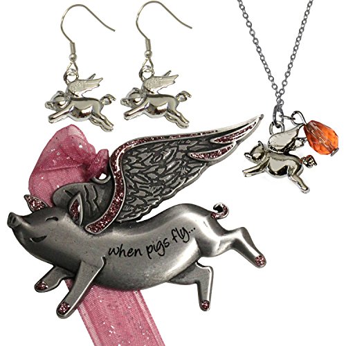 Gloria Duchin Flying Pig Ornament, Necklace and Earrings Jewelry Set