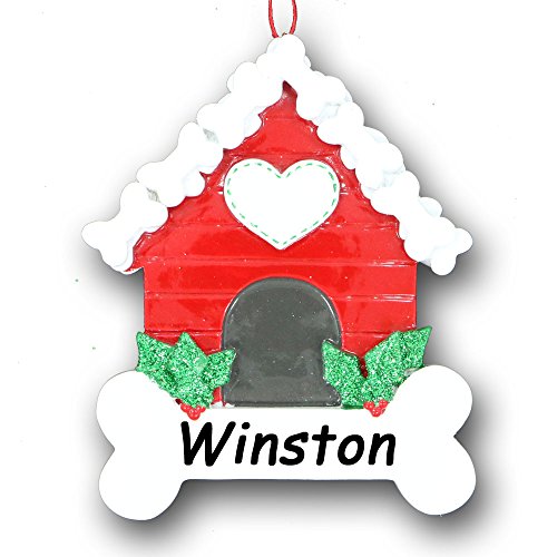 Personalized Dog Pet Christmas Ornament Red Doghouse and Bone with Free Name
