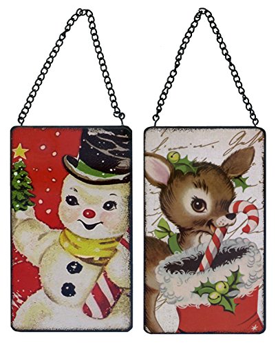 Set of 2 Assorted RAZ Imports 6″ Vintage Style Art Wood Sign Ornaments – Snowman & Deer