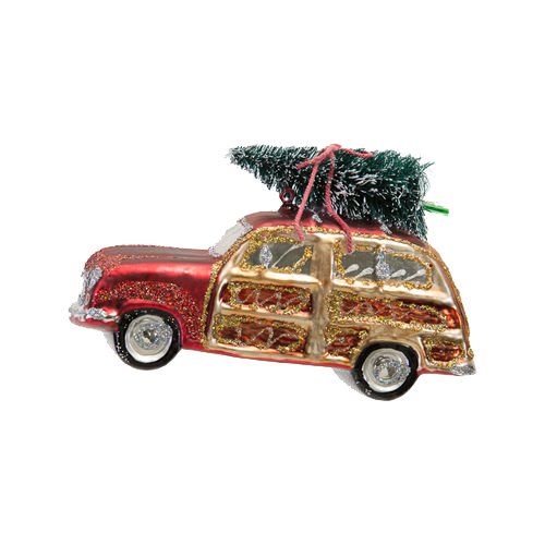 Red Vintage Style Classic Wagon with Tree Glass Christmas Ornament