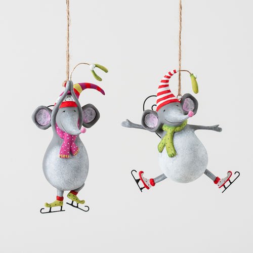 Colorful Mistle Toes Mouse Ornaments, Set of 2 Asst, Resin, 4″